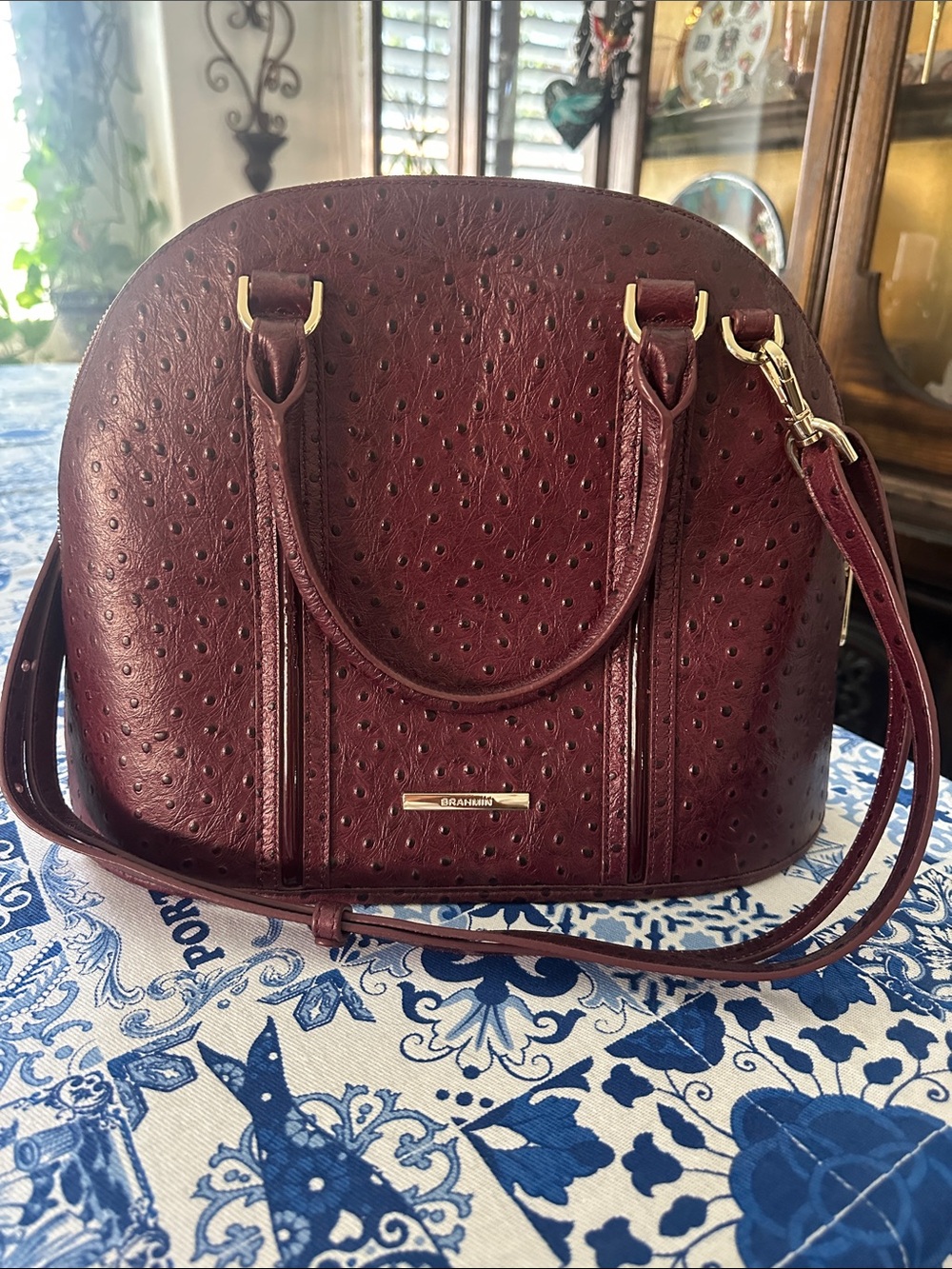 Giani Bernini Burgundy Faux-Ostrich Dome Satchel with Gold Hardware